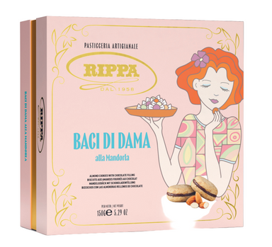 Rippa Bagi Di Dama cookie packaging with a woman holding cookies on a pink background