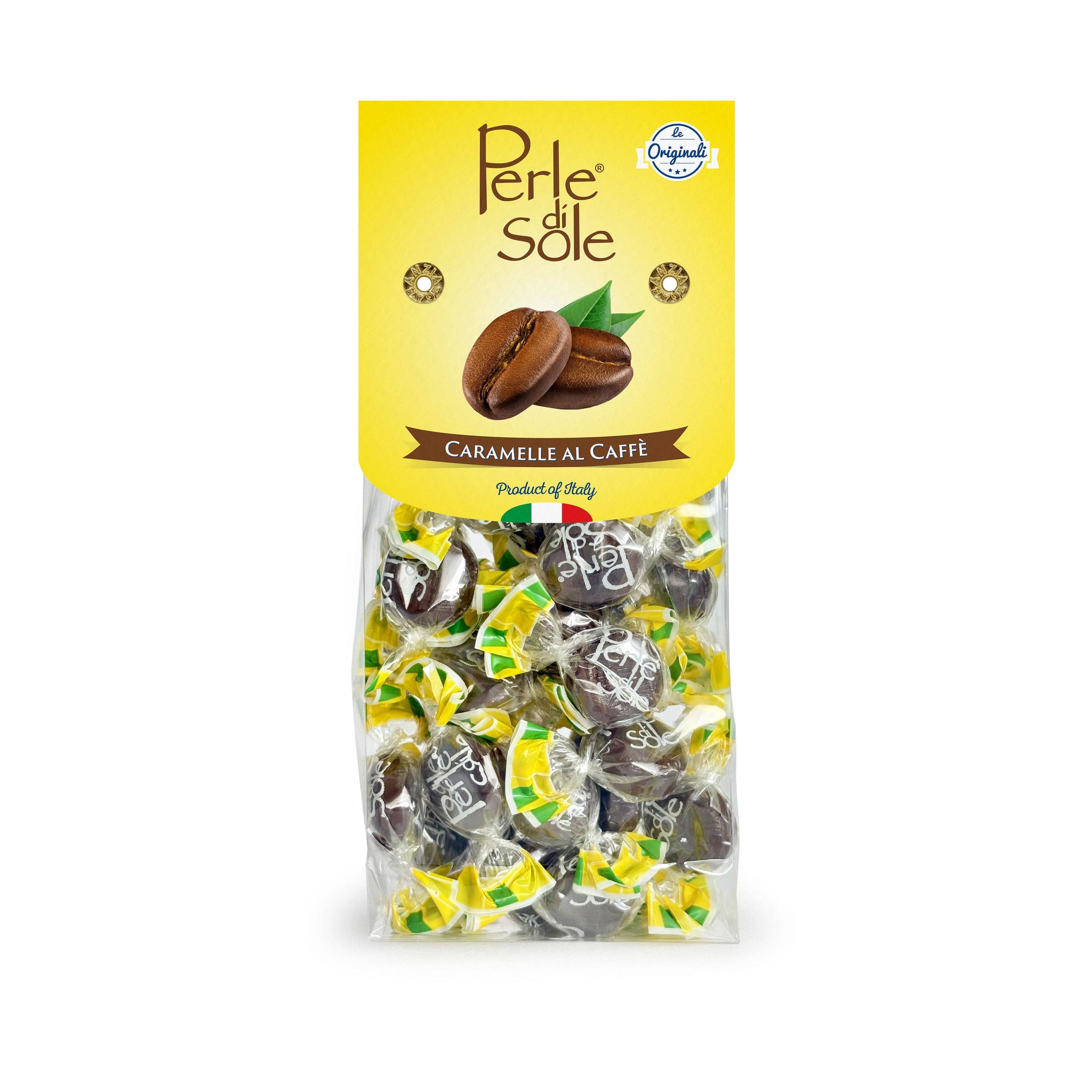 Pack of Perle di Sole coffee-flavored candies on a white background