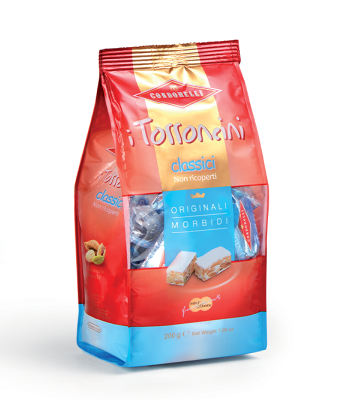 A 200g bag of Tossonani Classic Morbidi confectionery sweets, featuring a red and gold stand-up pouch with a blue bottom band, set against a plain white background.