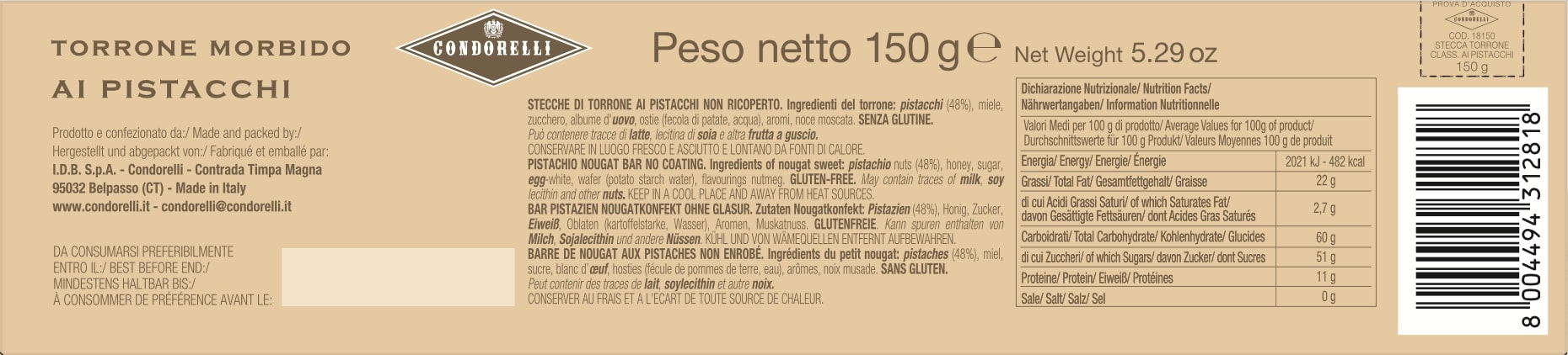 Condorelli Soft Torrone Bar - Pistachio