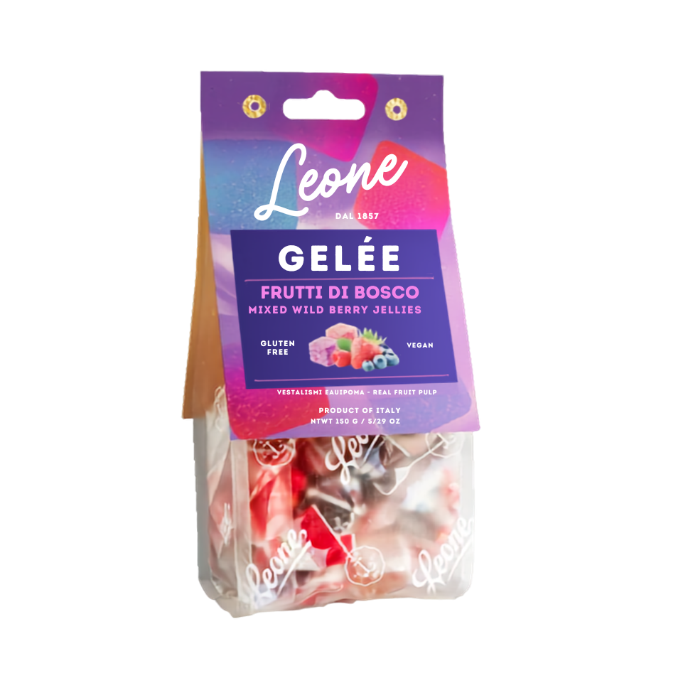 A package of Leone Gelée Frutti di Bosco mixed fruit jelly candies, featuring a purple and pink hanging card with a clear plastic bag containing red and pink jelly-filled sweets, set against a plain white background.