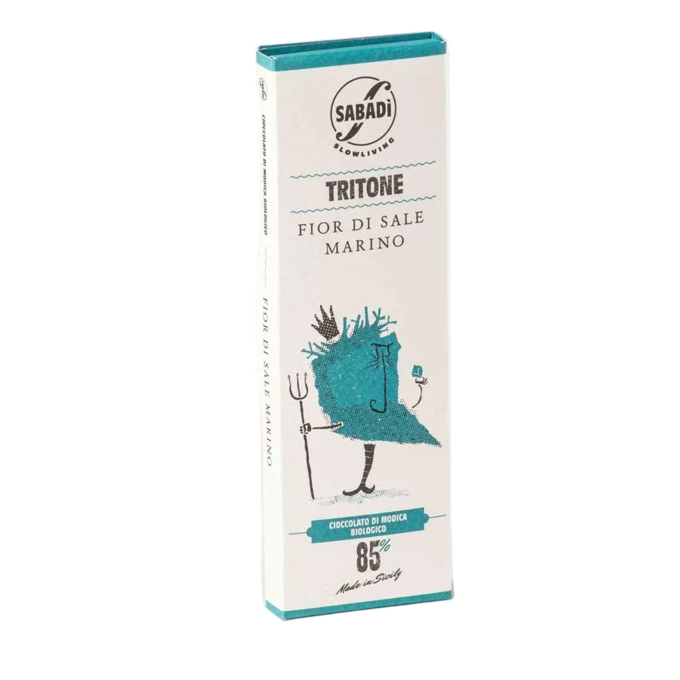 A tall rectangular box of Sabini Tritone salted flowers, featuring a white background with teal accents and an illustration of a blue bird, set against a light gray background.