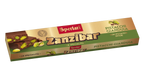 A box of Sperlari Zanzibar Pistacchi Gianduia chocolate, featuring a gold and green design with illustrations of pistachios and chocolate bars, shown on a plain white background.