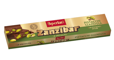 A box of Sperlari Zanzibar Pistacchi Gianduia chocolate, featuring a gold and green design with illustrations of pistachios and chocolate bars, shown on a plain white background.
