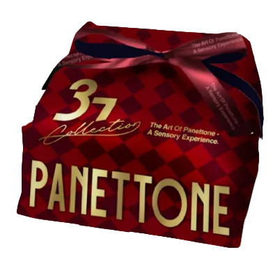 Panettone box from The Art Of Panettone 37 Collection, featuring a red and black checkered pattern, gold lettering, and a dark red ribbon bow, set against a cream-colored background.