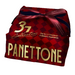 Panettone box from The Art Of Panettone 37 Collection, featuring a red and black checkered pattern, gold lettering, and a dark red ribbon bow, set against a cream-colored background.