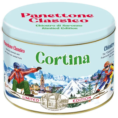Chiostro di Saronno Classic Panettone Cortina Olympics Skiers Tin - Torrone Candy