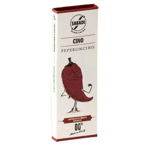 A tall, narrow white package for Sabadi Cino Peperoncino Modica Chocolate Bar, featuring a red chili pepper illustration and a red cap, photographed on a clean white background.