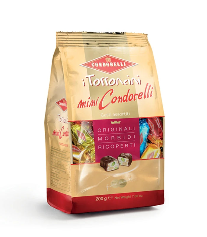 A 200g bag of Condonelli i Tosonini mini Condorelli assorted chocolates, featuring a gold and red packaging design with a clear window displaying the chocolates inside.
