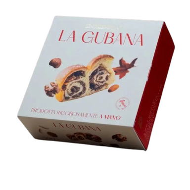 A boxed food product labeled 'LA GUBANA' shown at an angle on a plain white background. The package is mostly white with a red side panel and printed imagery of a pastry with nuts and dried fruit pieces.