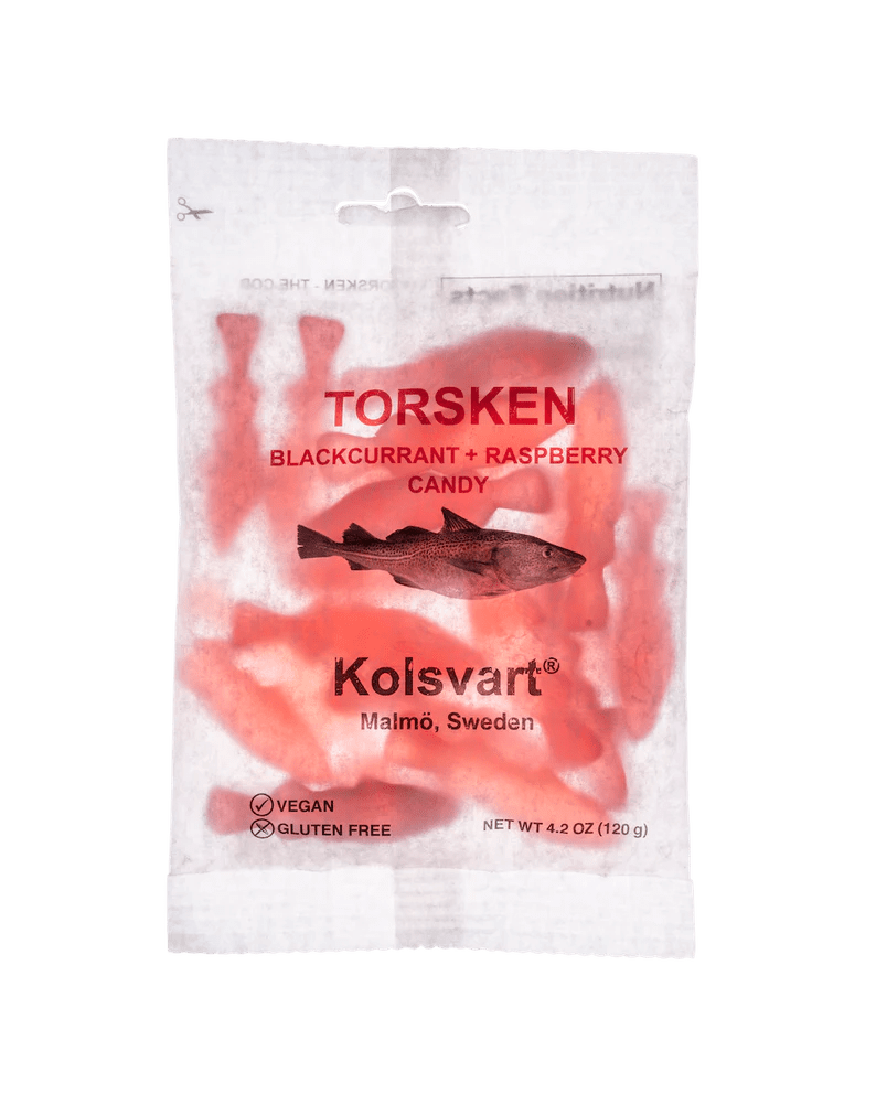 Kolsvart Torksen Raspberry & Black Currant Candy Fish - Sweden - Torrone Candy