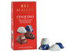 Majani Cinquino milk and dark chocolate box with four wrapped chocolate candies displayed in front on a white background.