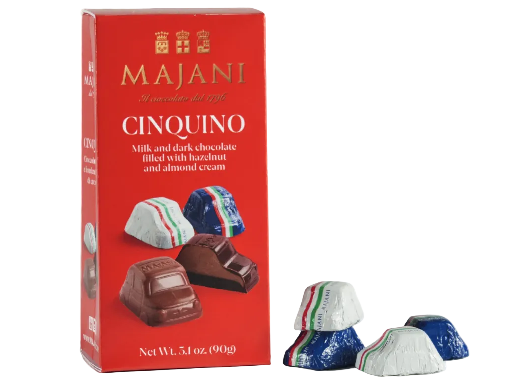 Majani Cinquino milk and dark chocolate box with four wrapped chocolate candies displayed in front on a white background.