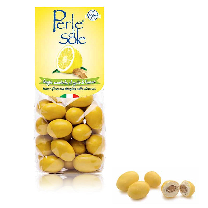 Packaged lemon-flavored dragées with a yellow label on a white background