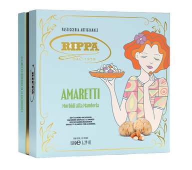Rippa Amaretti cookie packaging with illustration of a woman holding cookies