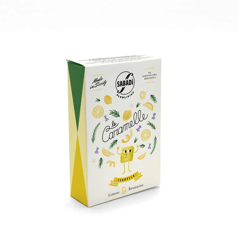 Sabadi Le Caramelle lemon balm tea box, featuring a white front with yellow illustrations of lemons, green leaves, and a cute cartoon character, set against a plain white background.