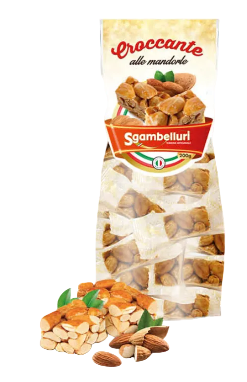 A bag of Sgambelluri Croccante alle mandorle (almond brittle) with several pieces of the brittle and almonds displayed in the foreground on a white background.