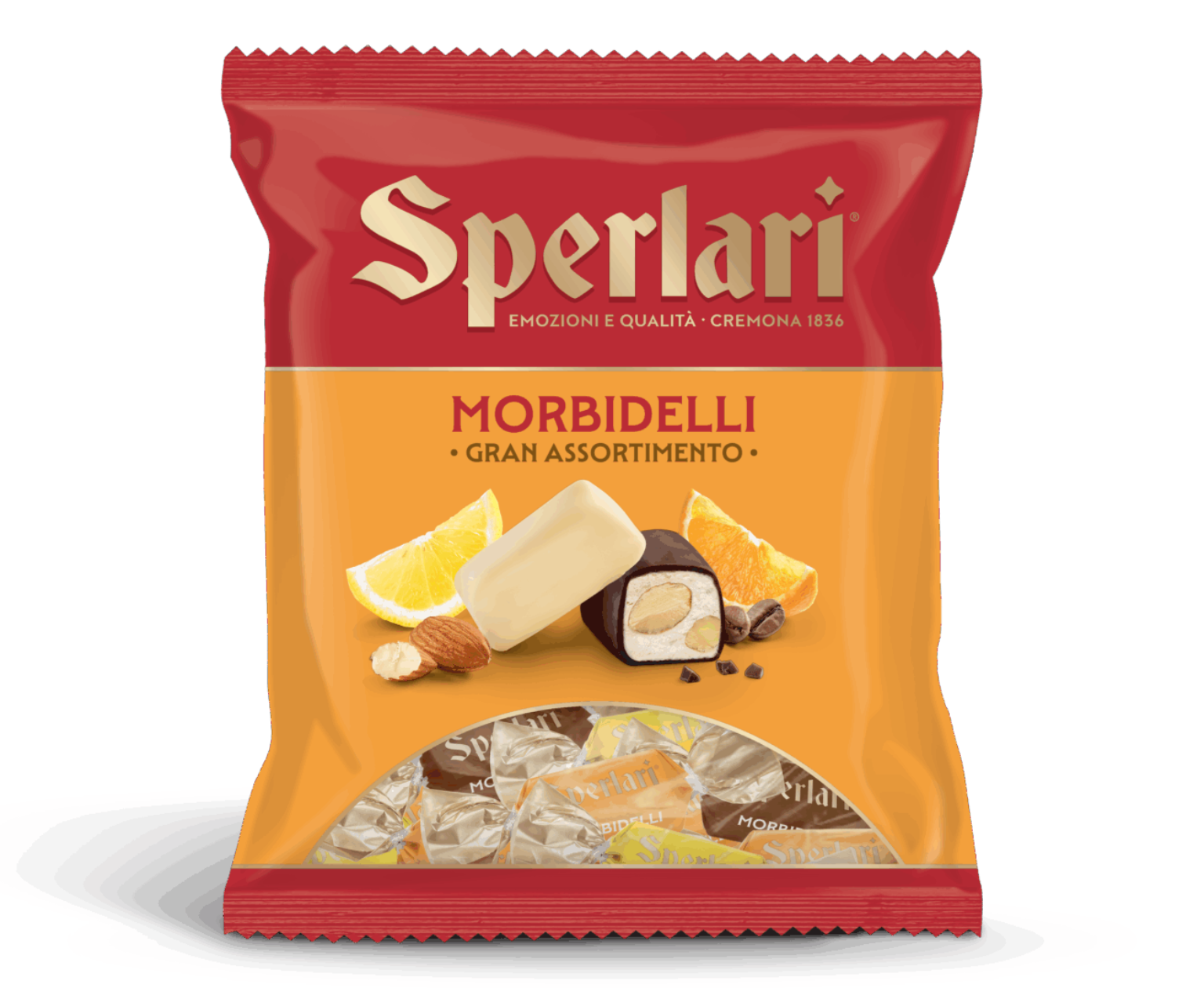 A package of Sperlari Morbidelli Gran Assortimento candies, featuring a red and orange bag with illustrations of chocolate candies, almonds, and orange slices, set against a plain white background.