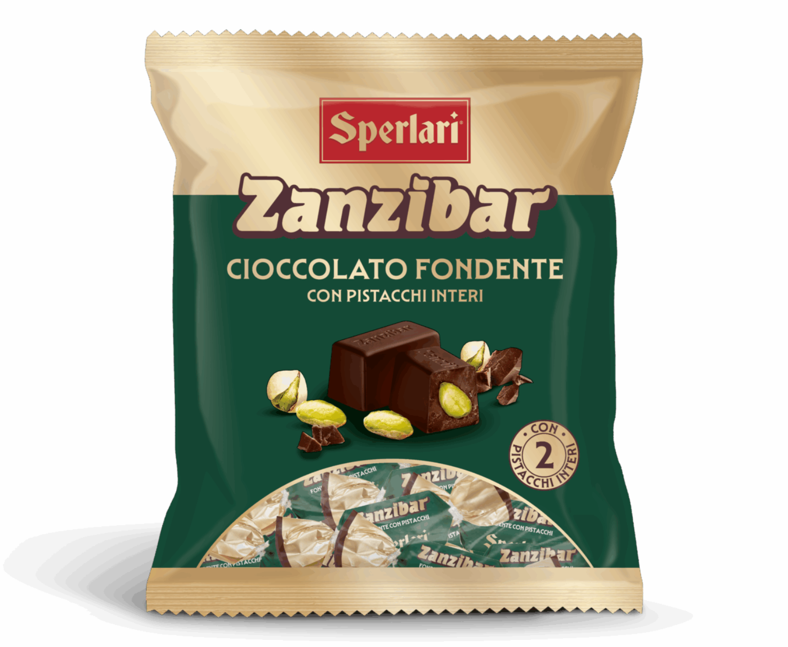 A package of Sperlari Zanzibar Cioccolato Fondente con pistacchi interi, featuring a dark green and gold wrapper with illustrations of chocolate and pistachios.