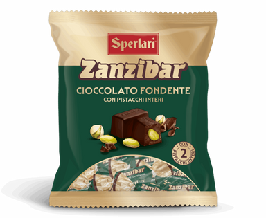 A package of Sperlari Zanzibar Cioccolato Fondente con pistacchi interi, featuring a dark green and gold wrapper with illustrations of chocolate and pistachios.