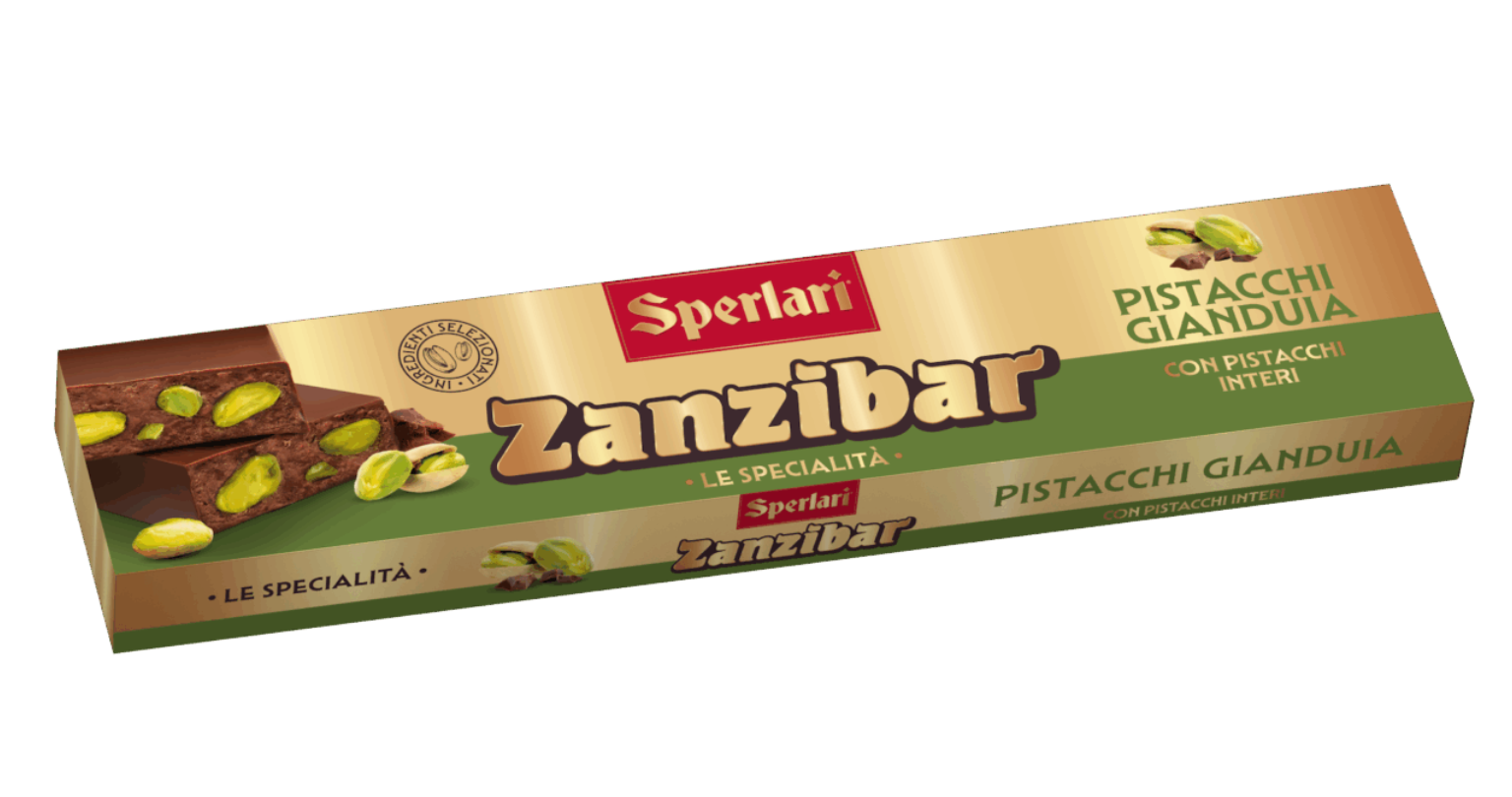 A box of Sperlari Zanzibar Pistacchi Gianduia chocolate, featuring a gold and green design with illustrations of pistachios and chocolate bars, shown on a plain white background.