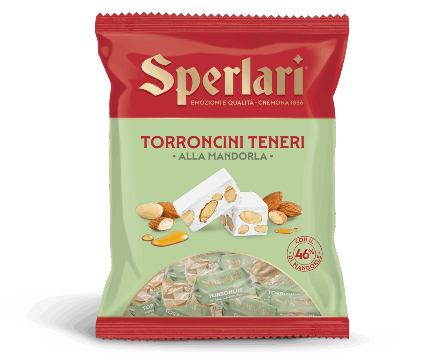 A package of Sperlari Torroncini Teneri alla Mandorla (almond torrone) in a red and light green bag, shown on a clean white background with a soft shadow.