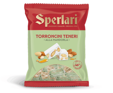 A package of Sperlari Torroncini Teneri alla Mandorla (almond torrone) in a red and light green bag, shown on a clean white background with a soft shadow.