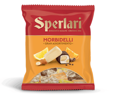 A package of Sperlari Morbidelli Gran Assortimento candies, featuring a red and orange bag with illustrations of chocolate candies, almonds, and orange slices, set against a plain white background.