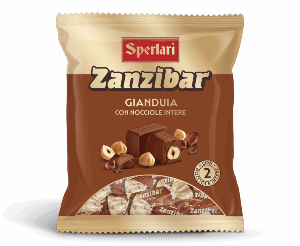 A package of Sperlari Zanzibar Gianduia con nocciolo intere, featuring a brown and beige bag with illustrations of chocolate, hazelnuts, and wrapped candies, set against a plain white background.