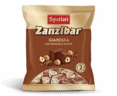 A package of Sperlari Zanzibar Gianduia con nocciolo intere, featuring a brown and beige bag with illustrations of chocolate, hazelnuts, and wrapped candies, set against a plain white background.